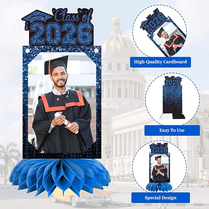 9 PCS Graduation Party Decorations Class of 2026 Honeycomb Centerpieces, Honeycomb Centerpieces for Graduation Photo Toppers Table Decorations. (Grad.Blue)
