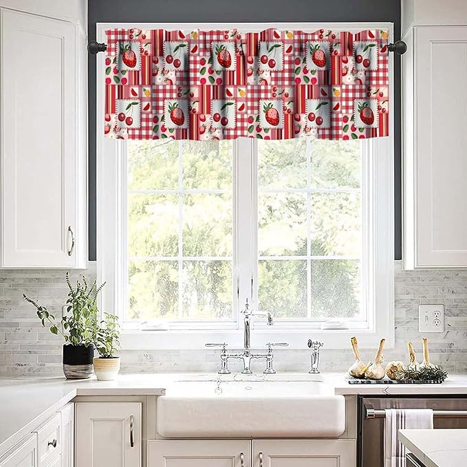 Fruit Patchwork Curtain Valance, Red Strawberry Cherry Buffalo Plaid Short Rod Pocket Window Treatment for Kitchen Dining Bedroom Living Room Resturant Cafe Home Decor, 54x18Inch