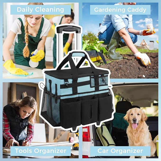 SCAVATA Rolling Cleaning Caddy Bag with Detachable Trolley, Large Cleaning Supplies Organizer with Wheels, Multi Pocket Cleaning Cart with Adjustable Shoulder Strap for Housekeepers & Home, SkyBlue