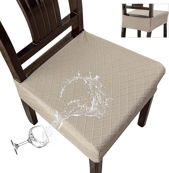 Genina Waterproof Seat Covers for Chairs,Set of 6 Dining Room Chair Seat Covers for Kitchen,Stretch Jacquard Removable Washable Dining Chair Slipcovers Protectors,No Rear Covers, Taupe