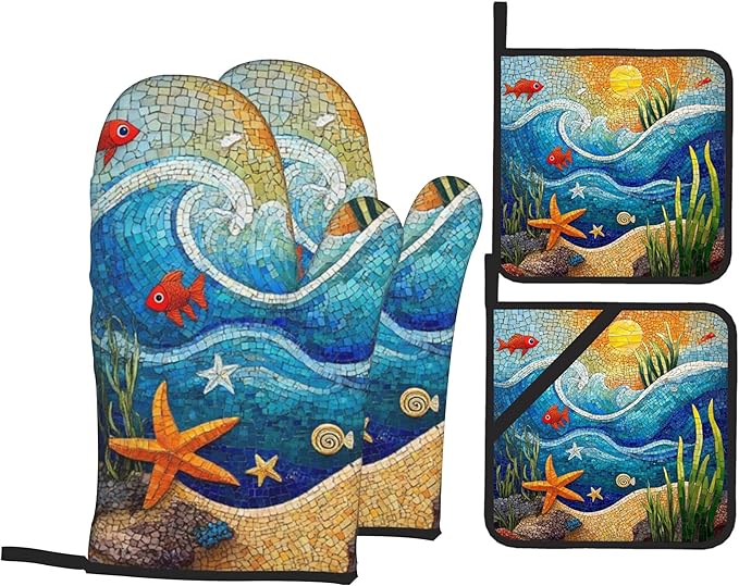 Abstract Ocean Oven Mitts & Potholder Set of 4 - Flower Heat Resistant Kitchen Gloves Hot Pads for Baking, Cooking, Gifts for Women