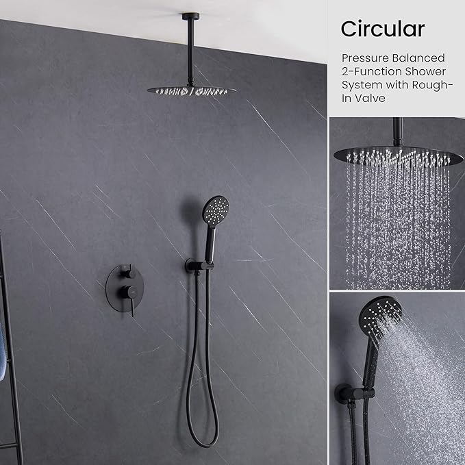KIBI Circular Ceiling Mounted Shower System with 2-Function Faucet Set | Solid Brass Pressure Balanced Valve | Anti-Scald Design for Reliable Water Temperature Control (Matte Black Finish, KSF408)