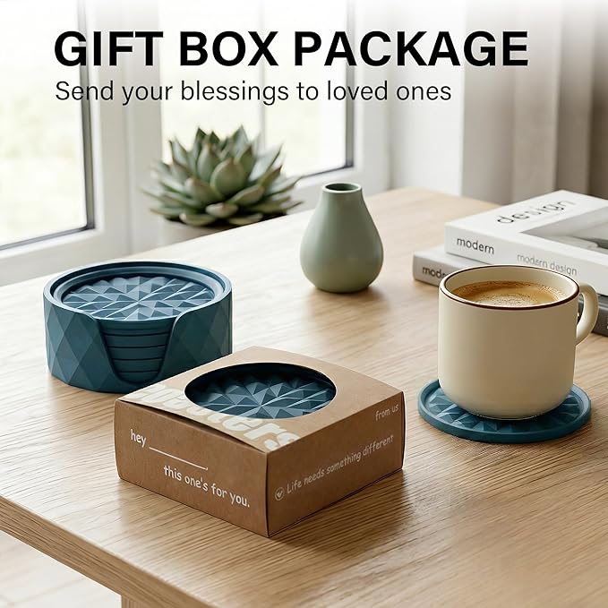 Silicone Coasters for Drinks[6 Pack]- Cup Mat with Holder for Tabletop Protection-Non-Slip, Non-Stick, Coffee Table Decor, Great Gift for Any Occasion, Dark Blue