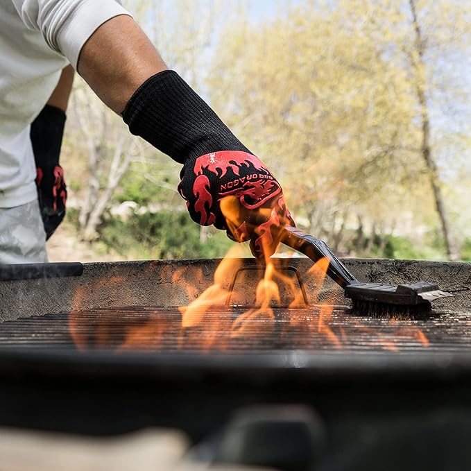 BBQ Dragon Ultimate Grill & Smoke Cleaning Bundle — Heavy Duty Heat Resistant BBQ Gloves + Stainless Steel Grill Brush and Scraper for Outdoor Barbecue, Grilling & Smoking