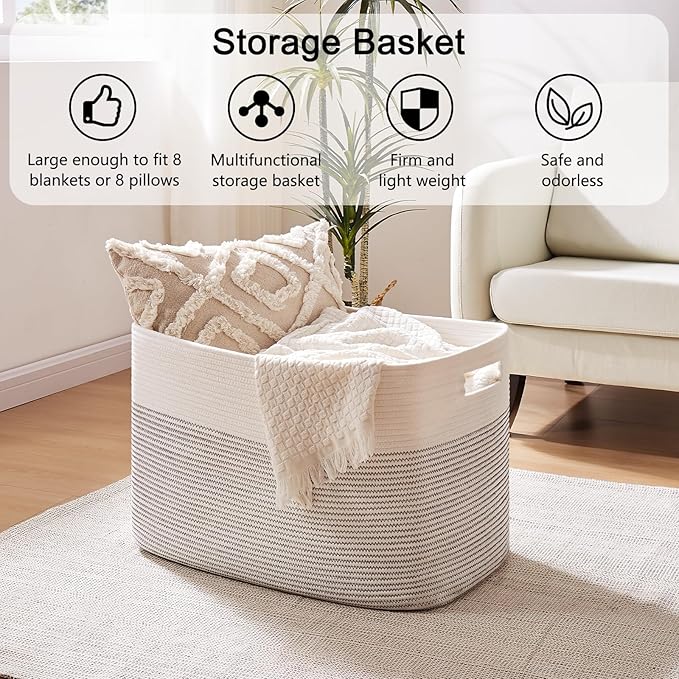 OIAHOMY 108L Extra Large Blanket Basket, 25”x16”x16” Laundry Basket, Blanket Storage for Living Room, Dog Toy Storage with Handle - Black & White