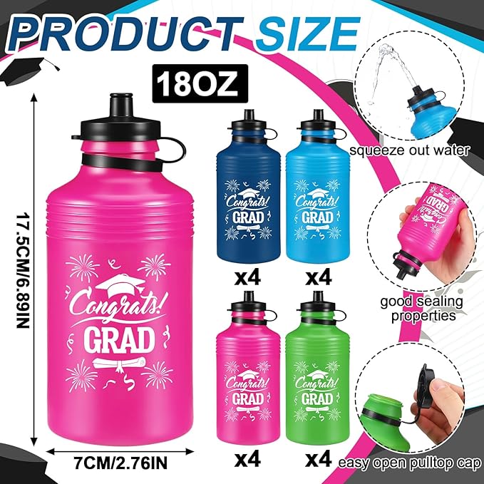 Meanplan 16 Pack Congrats Grad Sports Water Bottles Bulk 17 OZ Graduation Squeeze Plastic Reusable Water Bottles Canteen for Women Men College Graduation Gifts Class of 2026 Party Supplies