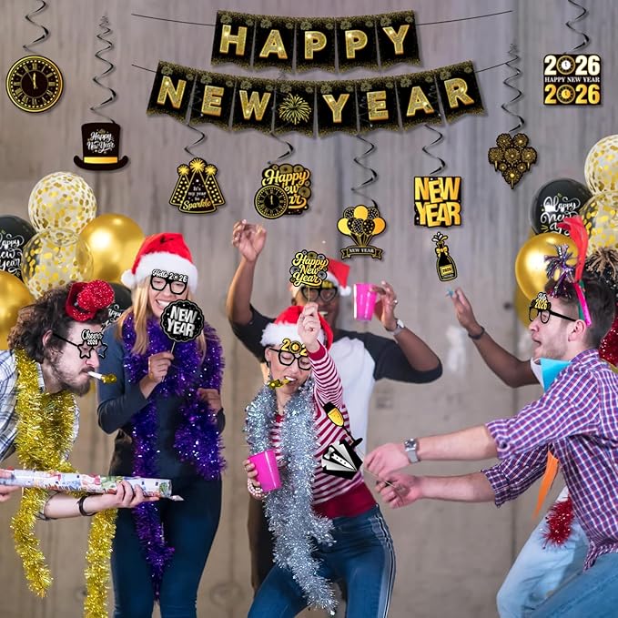 New Years Eve Party Supplies 2026, Black and Gold Happy New Year Decorations with Pre-Assembled Banner, Hanging Swirls, Balloons, Photo Booth Props and Glasses, NYE Party Decor for Home Countdown