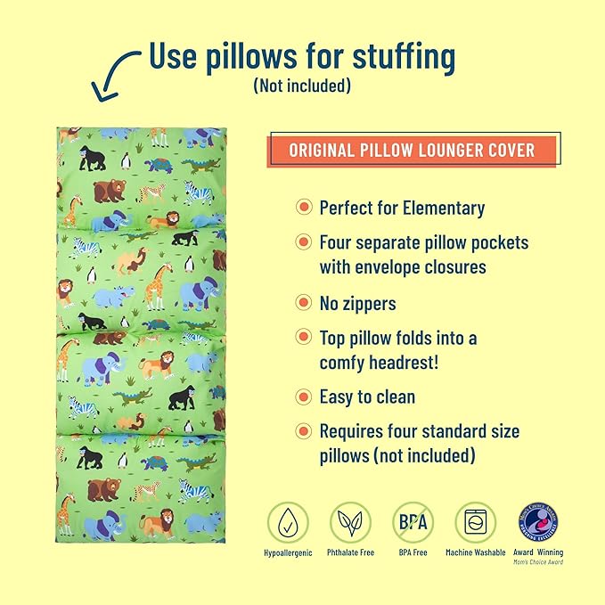 Wildkin Kids Pillowcase Lounger Cover – Travel-Friendly Sleepover Lounger, Fits Standard Pillows (Pillows Not Included), Soft Cotton Blend, Fun Patterns for Boys & Girls - Wild Animals