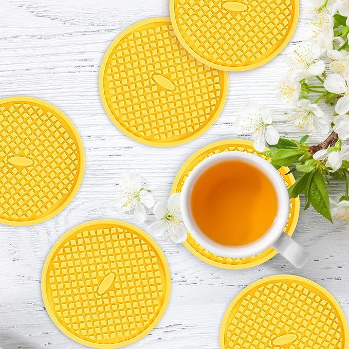 ME.FAN Silicone Coasters [6 Pack] Thickened Drink Coasters with Holder - Cup Mat - Non-Slip, Non-stick, Stay Put, Deep Tray - Prevents Furniture and Tabletop Damages(Yellow)