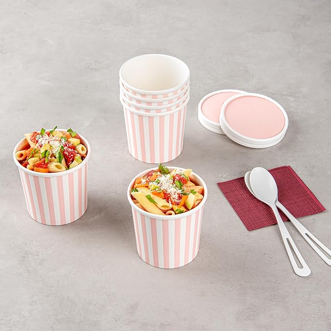 Restaurantware Bio Tek 12 Ounce Soup Containers 200 Durable Soup Bowls - Disposable Sustainable Pink And White Paper Soup Cups Striped Round For Hot Or Cold Foods