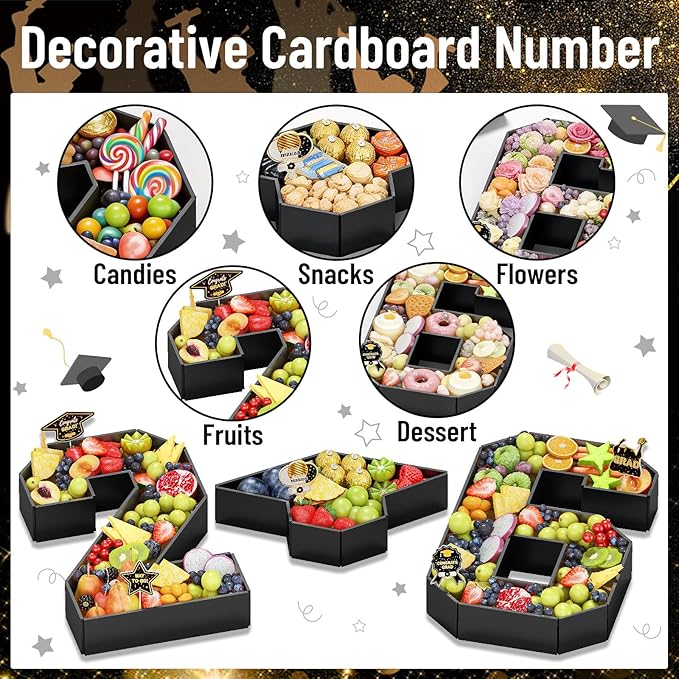 26 Fillable Number for Charcuterie with Grad Cap Shaped Cardboard Tray Black 2026 Graduation Party Decorations 13.8'' Pre-cut Board Storage Decorative Paper Mache Box College Grad Table Supplies