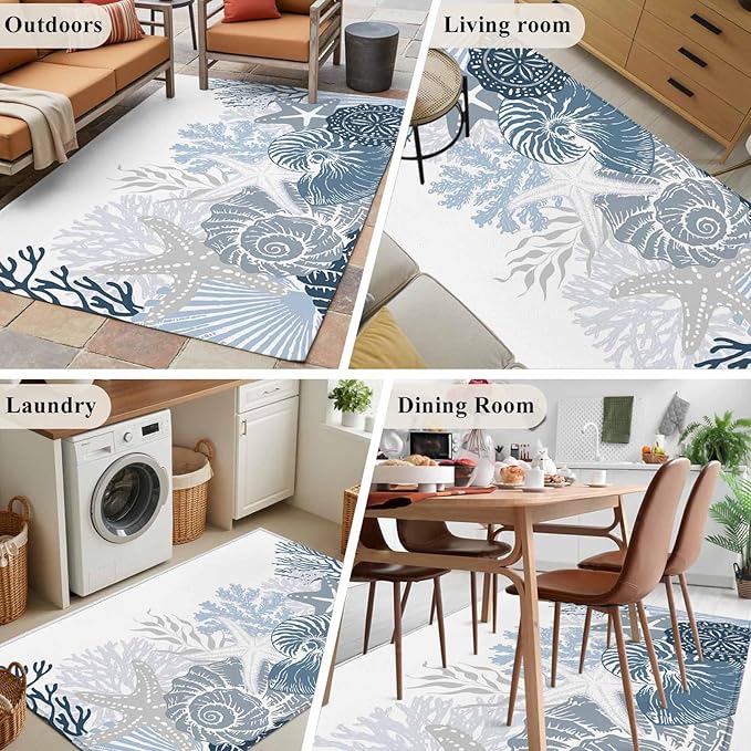 Area Rug 3x5ft, Underwater Blue Shells Starfish Coral Washable Rugs for Living Room Bedroom, Summer Botantical Soft Non-Slip Area Rugs Rectangle Floor Carpet for Dining Room