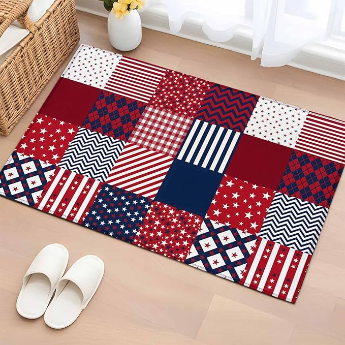 Area Rug 2x3ft, Abstract Splicing Stars Stripes Washable Rugs for Living Room Bedroom, Independence Day Red Blue White Soft Non-Slip Area Rugs Rectangle Floor Carpet for Dining Room