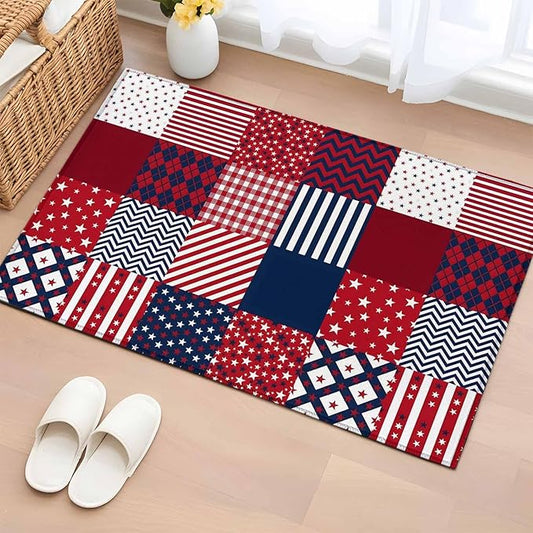 Area Rug 2x3ft, Abstract Splicing Stars Stripes Washable Rugs for Living Room Bedroom, Independence Day Red Blue White Soft Non-Slip Area Rugs Rectangle Floor Carpet for Dining Room