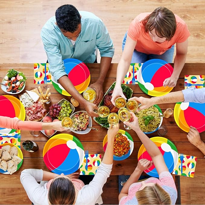 Kepeel 200Pcs Summer Pool Beach Party Tableware Set, Beach Pool Ball Party Decorations Supplies for Kids Boys Girls Summer Hawaiian Party Disposable Dessert Plates Napkins Forks Favors, Serve 50
