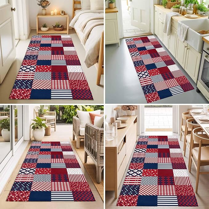 Runner Rug for Bedroom Hallway, Abstract Splicing Stars Stripes Kitchen Runner Rugs Area Rug 2x6ft, Independence Day Red Blue White Washable Soft Floor Carpet for Entryway Stair