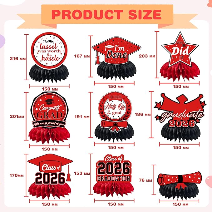 Graduation Decorations 2026 - Red Graduation Honeycomb for Table Centerpiece | Graduation Party Decorations Class of 2026,Table Toppers for Graduation Party Favors Supplies Indoor Outdoor