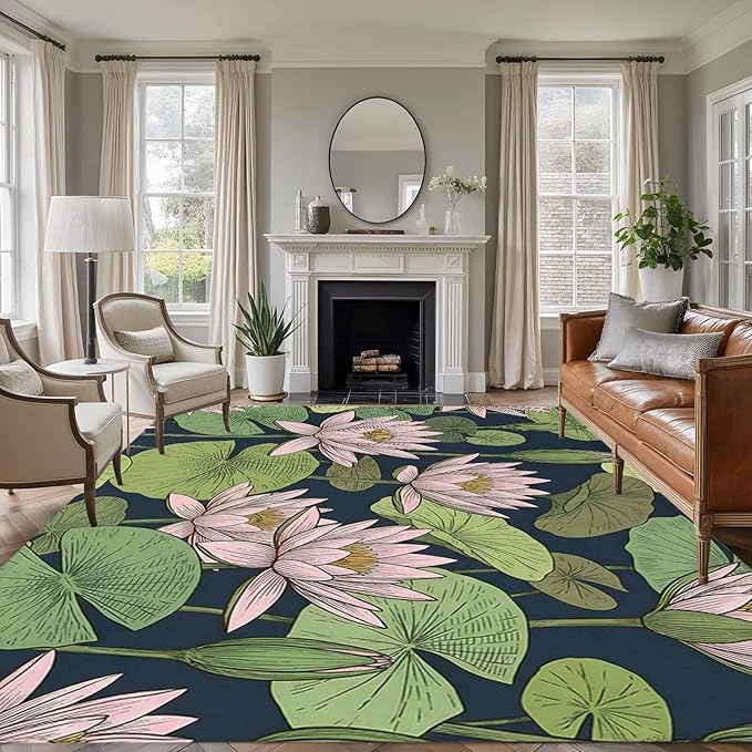 Area Rug 9x12ft, Pink Lotus Water Lily Dark Green Leaves Washable Rugs for Living Room Bedroom Rectangle Floor Carpet, Oriental Style Soft Non-Slip Area Rugs for Dining Room
