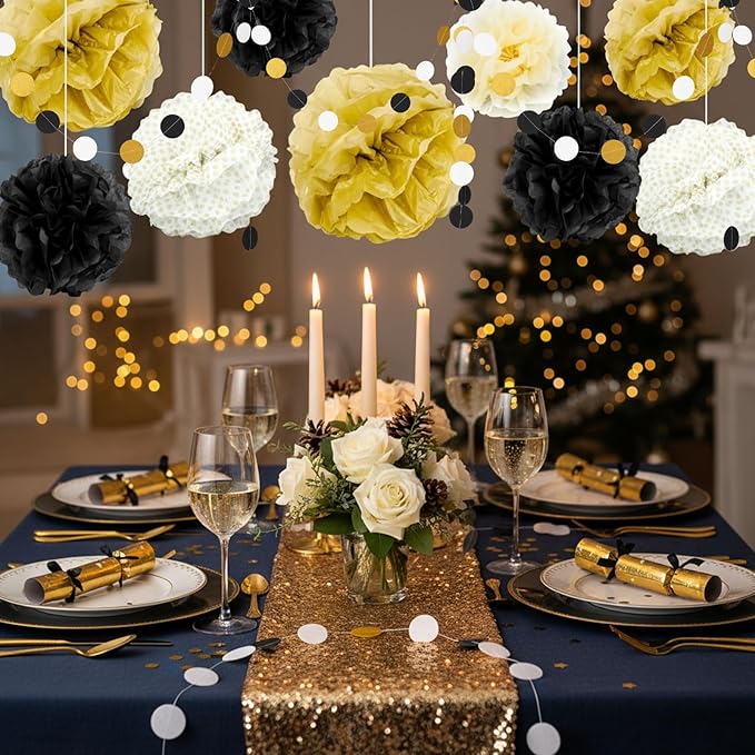 20Pcs Black and Gold Party Decorations 2026 Graduation Decorations 16 Pack Black and Gold Pom Poms Paper Flowers 4 Pack Garlands String for Birthday Wedding Anniversary 2026 Graduation Party Supplies
