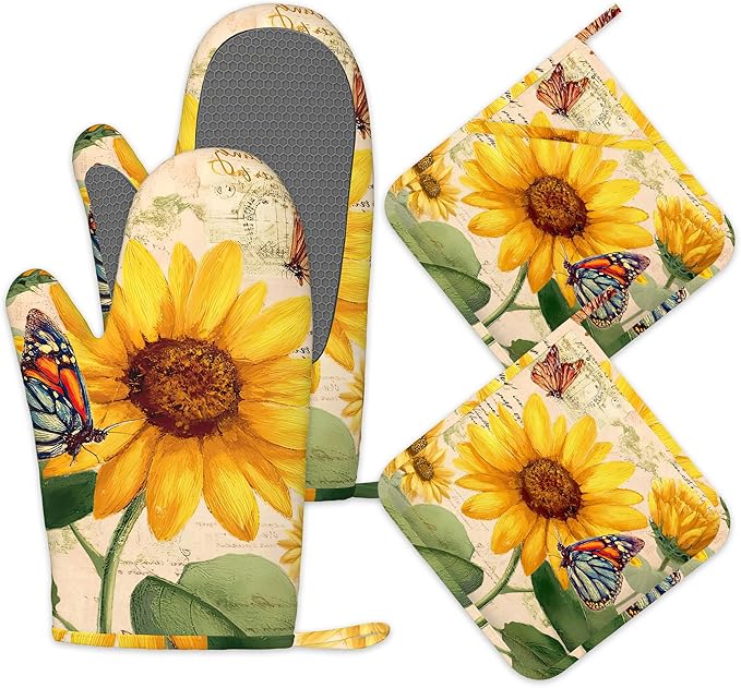 Sunflower Floral Butterfly Oven Mitts and Pot Holders Sets,Silicone Kitchen Mitts Potholders Heat Resistant 4Pcs Oven Gloves Hot Pads for Kitchen Baking Cooking