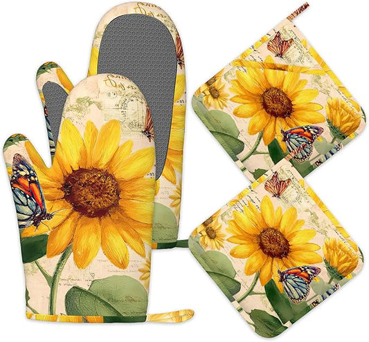 Sunflower Floral Butterfly Oven Mitts and Pot Holders Sets,Silicone Kitchen Mitts Potholders Heat Resistant 4Pcs Oven Gloves Hot Pads for Kitchen Baking Cooking