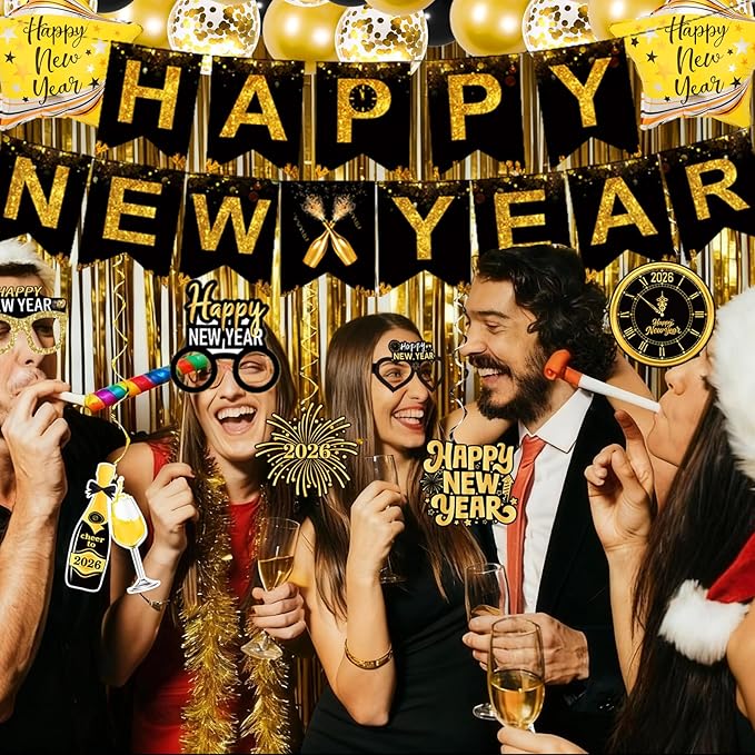70Pcs 2026 Happy New Years Decorations Set, Black Gold New Years Eve Party Supplies 2026 with Banner 2026 Balloons Paper Glasses Photo Props Hanging Swirls for 2026 New Year Decorations