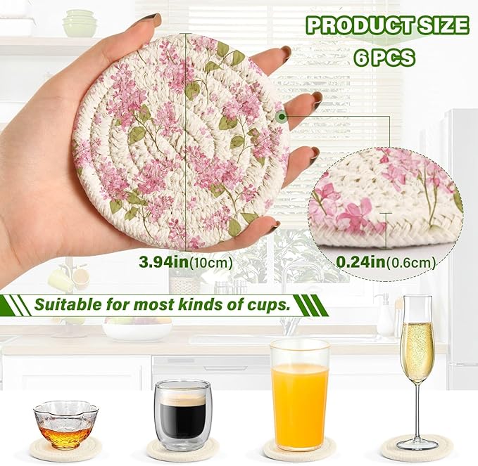 Bar Coasters for Drink Pink Flower Green Leaves Coaster Set with Metal Holder Cotton Woven Floral Set of 6 Coaster for Coffee Table, Bistro Tabletop, Home Decor, Kitchen,Housewarming