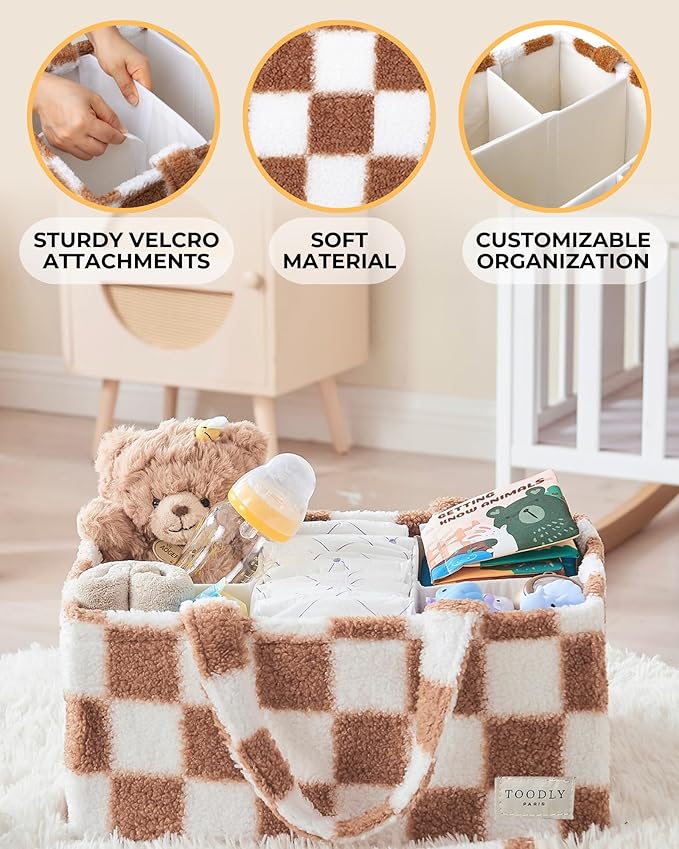 Checkered Diaper Caddy Organizer with Portable Changing Mat - Teddy Fleece Diaper Organizer for Changing Table - Caddy Organizer with Removable Dividers - Light Taupe and White