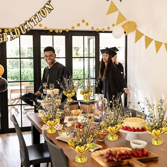 18 Pack 2026 Graduation Table Centerpiece Decoration Metallic Foil Spray Centerpiece Glitter Star Brust Table Topper Decoration for Graduation Birthday New Year Holiday Party Supplies (Black and Gold)