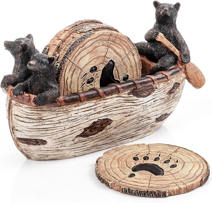 Cabin Obsession Bear Coasters - Set of 6 Full Size Rustic Coasters in Handmade Canoe with Adorable Black Bear Figurines - Log Cabin Decorations, Rustic Lodge Decor for The Home