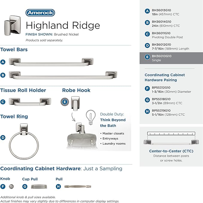 Amerock BH36010G10 | Brushed Nickel Single Robe Hook | 2-5/8 in. (67 mm) Length Towel Holder | Highland Ridge | Towel Hook for Bathroom | Bathroom Hardware | Bath Accessories
