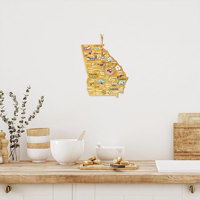 Totally Bamboo Georgia State Shaped Cutting Board and Charcuterie Serving Platter with Artwork by Fish Kiss, Includes Hang Tie for Wall Display