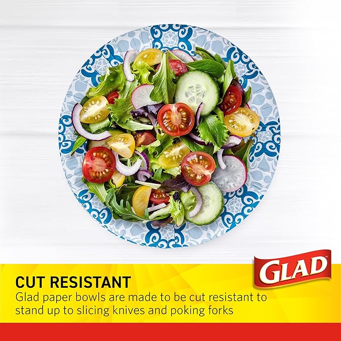 Glad Round Disposable Paper Bowls, Blue Victorian Design - Heavy Duty, Soak-Proof, Cut-Resistant, Microwavable Paper Bowls for All Foods and Daily Use, 16 oz, 50 Count
