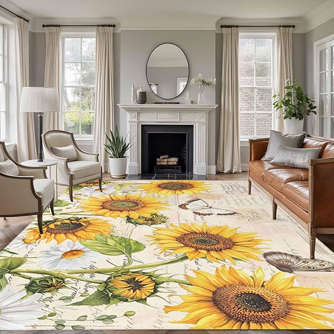 Sunflower Farmhouse 5x7 Area Rugs, Retro Floral Butterflies Non-Skid Rubber Backing Large Rectangle Rugs - Living Room Bedroom Home Office, Spring Summer Indoor Floor Mat Carpets Washable Rug