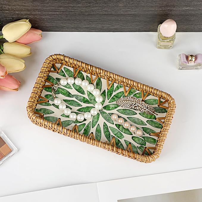 Decorative Key Basket Tray fot Entryway Table Woven Rattan Tray with Mother-of-Pearl Inlay Rectangular Wicker Display Basket for Jewlry, Green