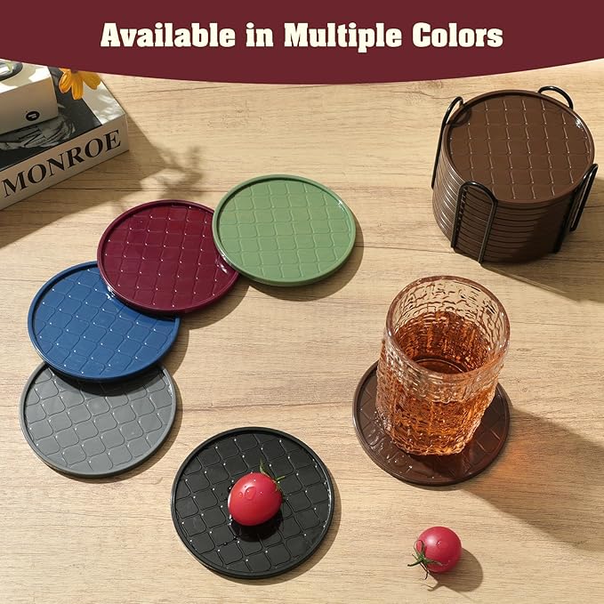 Coasters Set of 6,Hot or Cold Drink Coasters with Holder,Modern Style Coffee Table Coaster,Suitable for Kinds Cups Beer,Drink,Anti-Overflow Tabletop Protection(Wine red, 6pcs)