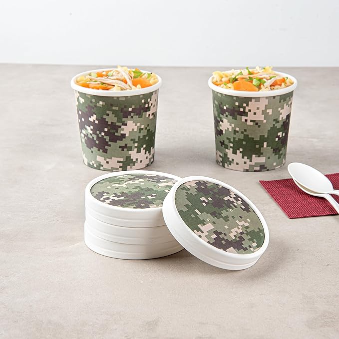 Restaurantware LIDS ONLY: Bio Tek Soup Container Lids 200 Disposable Bowl Lids For 12 Ounce Soup Cups - Containers Sold Separately Vented Camouflage Paper Soup Container Lids Round