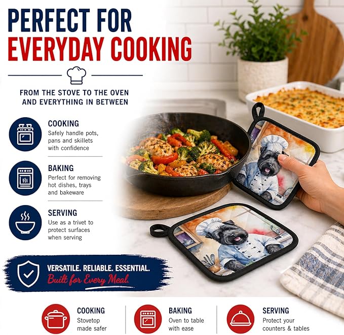 Caroline's Treasures Bouvier des Flandres The Chef Pair of Pot Holders Kitchen Heat Resistant Pot Holders Sets Oven Hot Pads for Cooking Baking BBQ, 7 1/2 x 7 1/2