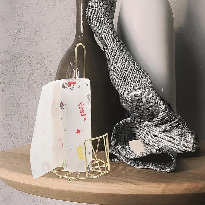 Freestanding Paper Towel Holder Iron Stand Kitchen Roll Paper Shelf Gold Metal Countertop Tissue Rack for Home and Commercial Use