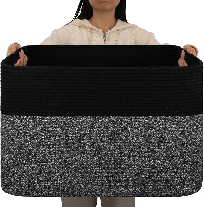 OIAHOMY 108L Extra Large Blanket Basket, 25”x16”x16” Laundry Basket, Blanket Storage for Living Room, Dog Toy Storage with Handle - Grey & Black