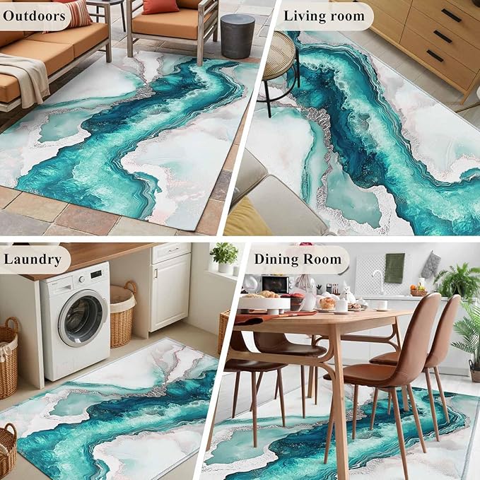 Area Rug 4x6ft, Abstract Blue Marble Texture Washable Rugs for Living Room Bedroom, Modern Luxury Pattern Soft Non-Slip Area Rugs Rectangle Floor Carpet for Dining Room