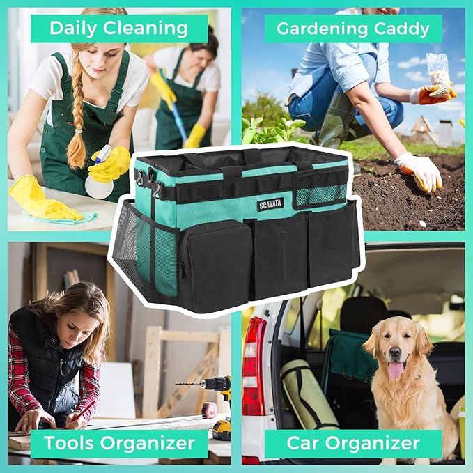 SCAVATA Wearable Cleaning Caddy Bag, Cleaning Caddy Supplies Organizer with Handle & Shoulder Straps for Housekeepers, Under Sink & Car Cleaning Tool Organizers with 4 Foldable Divider (Lake Blue)