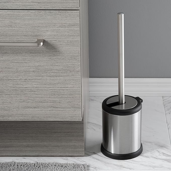 Bath Bliss Toilet Brush and Holder | Self Closing Lid | 360 Degree Brush Head | Bathroom Cleaning | Compact Size | Storage and Organization | Stainless Steel