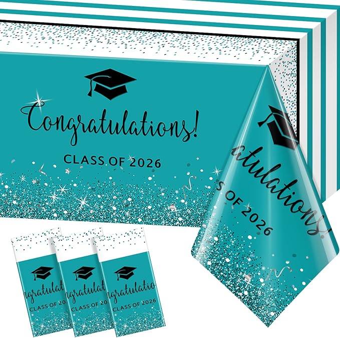 3 Pack Class of 2026 Graduation Tablecloths,Foil Dot Plastic Disposable Rectangle Table Covers for 2026 High School University College Graduation Party Decorations,108*54 Inch (Teal and Black)