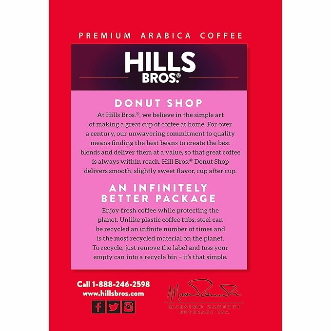 Hills Bros. Donut Shop Ground Coffee – Premium Arabica Coffee Beans – Medium Roast, Rich Flavor Cup After Cup – Recyclable Steel Can for Freshness – Certified Kosher – 23 OZ Can