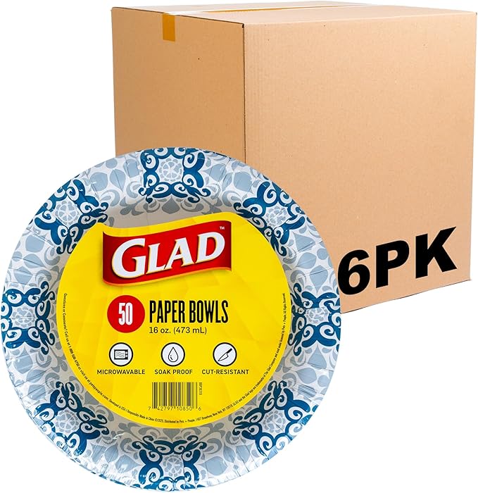 Glad Round Disposable Paper Bowls, Blue Victorian Design - Heavy Duty, Soak-Proof, Cut-Resistant, Microwavable Paper Bowls for All Foods and Daily Use, 16 oz, 50 Count - 6 Pack