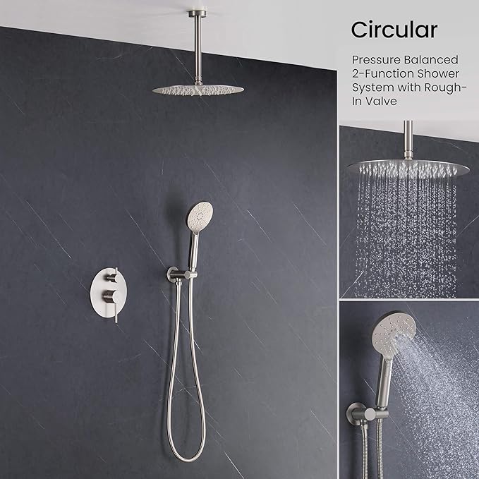 KIBI Circular Ceiling Mounted Shower System with 2-Function Faucet Set | Solid Brass Pressure Balanced Valve | Anti-Scald Design for Reliable Water Temperature Control (Brushed Nickel Finish, KSF408)