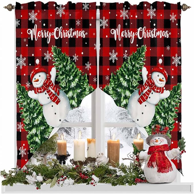 Christmas Tree Snowman Swag Valance Curains Winter Snowflakes Red Buffalo Plaid Rod Pocket Kitchen Curtains Scalloped Window Treatment Valances Swag for Living Room Bedroom, 1 Pair, 36"W x 45"L