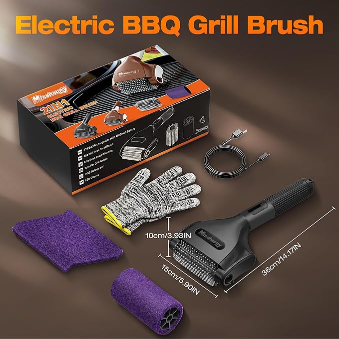 Electric Grill Brush - 4000mAh Cordless BBQ Grill Cleaner 2 Speed - 800RPM Bristle Free BBQ Grill Cleaner Tool Rechargeable with Scraper/LED Light/LED Display for Outdoor/Camping (Black)
