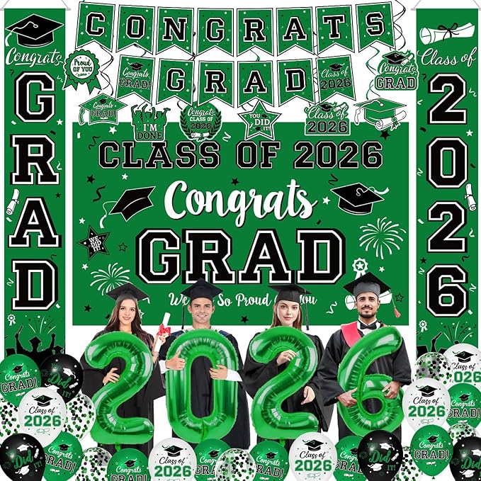Graduation Decorations Class of 2026 - Green Graduation Party Supplies Include Grad Backdrop, Banner, Hanging Swirls, Porch Sign, Balloons, Foil Number 2026 for Congrats Grad Party Decorations